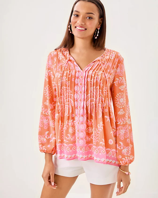 Lilly Pulitzer Marilina Tunic Top Papaya Breezy Palm Engineered