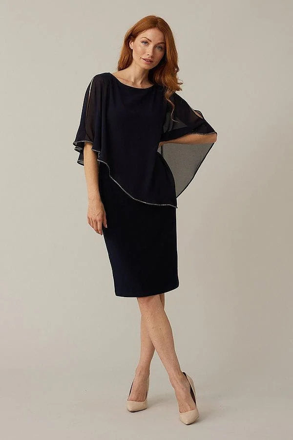 Joseph Ribkoff Asymetric Hem Chiffon Cape Shiny Trim Dress 223762S24 Joseph Ribkoff Asymetric Hem Chiffon Cape Shiny Trim Dress 223762S24