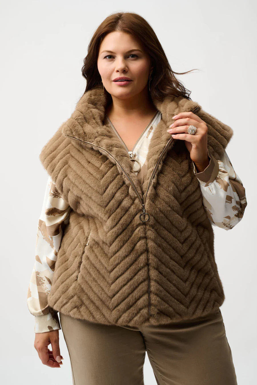 Joseph Ribkoff Chevron Faux Fur Mock Neck Vest 254906 Mink – Dan's Joseph Ribkoff Chevron Faux Fur Mock Neck Vest 254906 Mink – Dan's