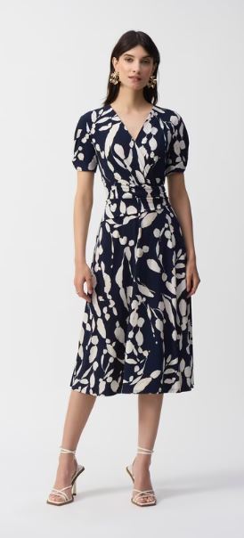 Joseph Ribkoff Floral V-Neck Midi Dress Style 251014 Blue - Size 8