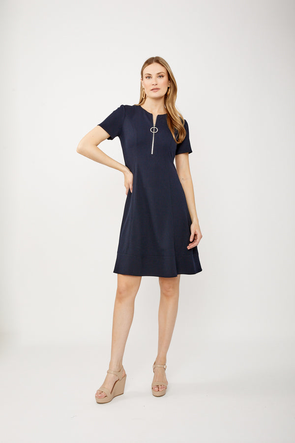 Joseph Ribkoff Zipped Neckline Short Sleeve Fit and Flare Dress 242031, Midnight Blue / 8 (UK 10) Joseph Ribkoff Zipped Neckline Short Sleeve Fit and Flare Dress 242031, Midnight Blue / 8 (UK 10)