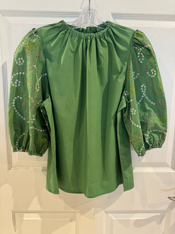 Emily Lovelock Lilly Cotton Woven Top with Eyelet Sleeves Green