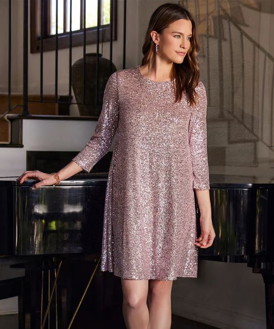 karen kane sequin dress Karen Kane 3/4 Sleeve Sequin Side Slit Dress In Navy