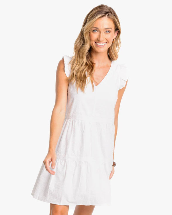 Southern Tide Evelyn Seersucker Tiered Dress Classic White
