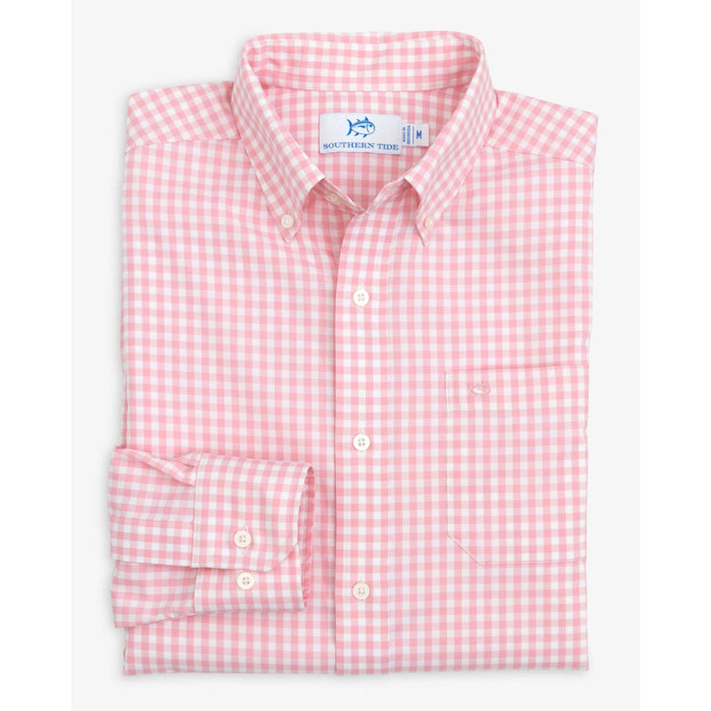 Southern Tide Men's Heather Hartwell Plaid Intercoastal Button Down Sport Shirt in Flamino Pink