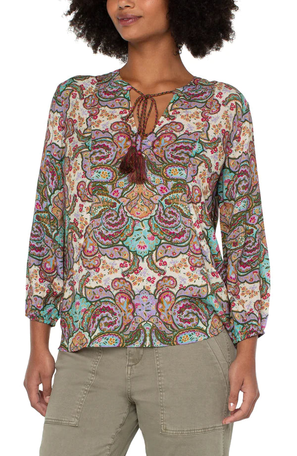 Liverpool Tie Front Popover Blouse Scrolling Paisley Print