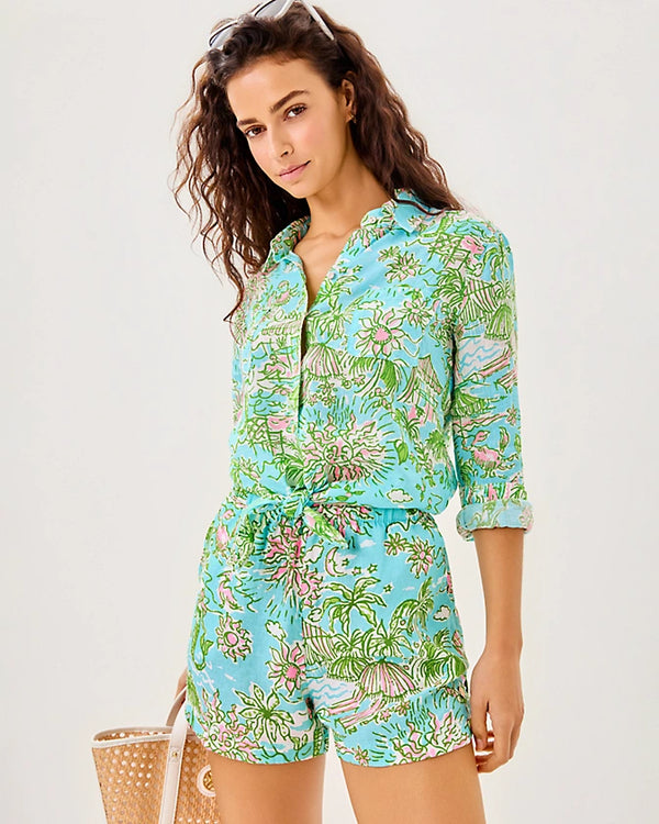 Lilly Pulitzer Sea View Linen Button Down Top Fresh Water Blue Sunbathers Bliss