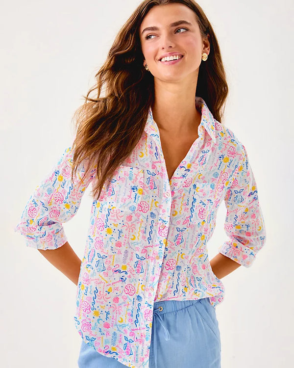 Lilly Pulitzer Sea View Linen Button Down Top Multi Summer Serenade