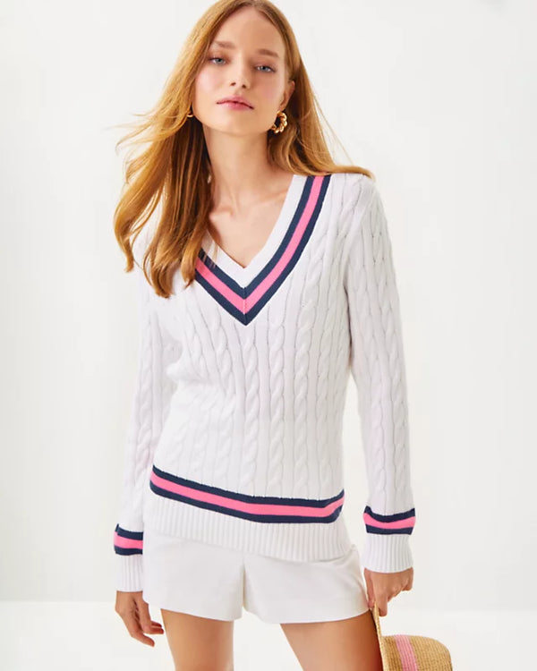 Lilly Pulitzer Brockton Sweater Resort White x Rousseau Pink Tipping