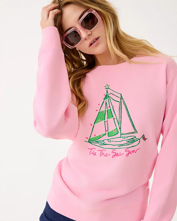 Lilly Pulitzer Ballad Long Sleeve Sweatshirt Multi Holiday Party Boat Embellish