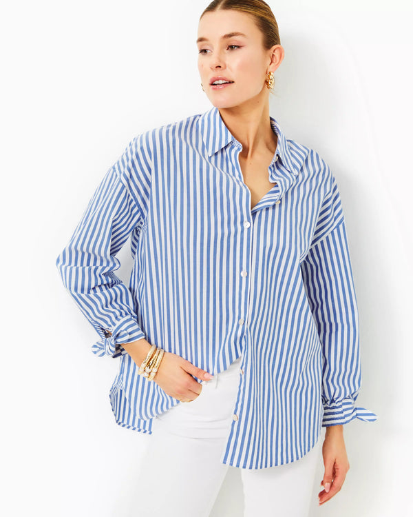 Lilly Pulitzer Lesia Relaxed Button Down Briny Blue Cabana Stripe