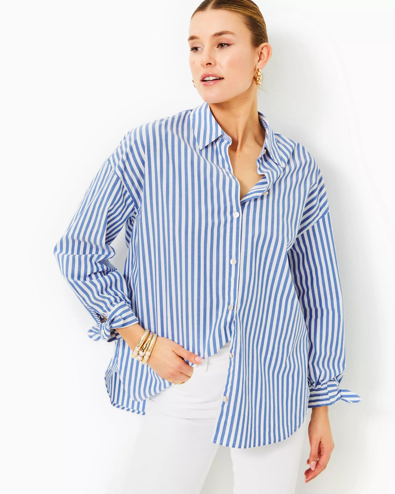 Lilly Pulitzer Lesia Relaxed Button Down Briny Blue Cabana Stripe