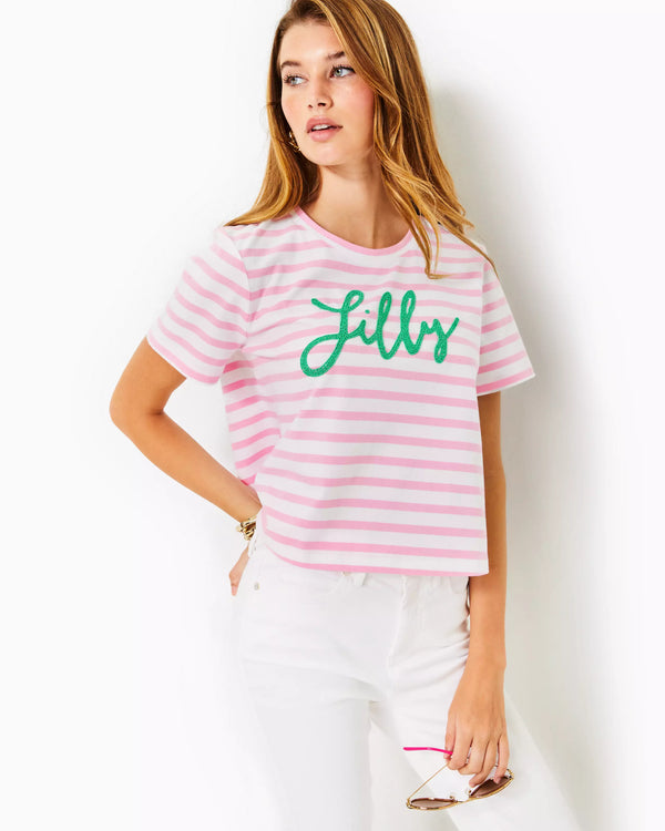 Lilly Pulitzer Keenan Cropped Cotton Top Conch Shell Pink Striped Lilly Pulitzer