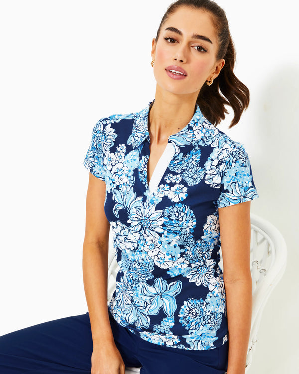 Lilly Pulitzer UPF 50+ Luxletic Frida Polo Top Low Tide Navy Bouquet All Day