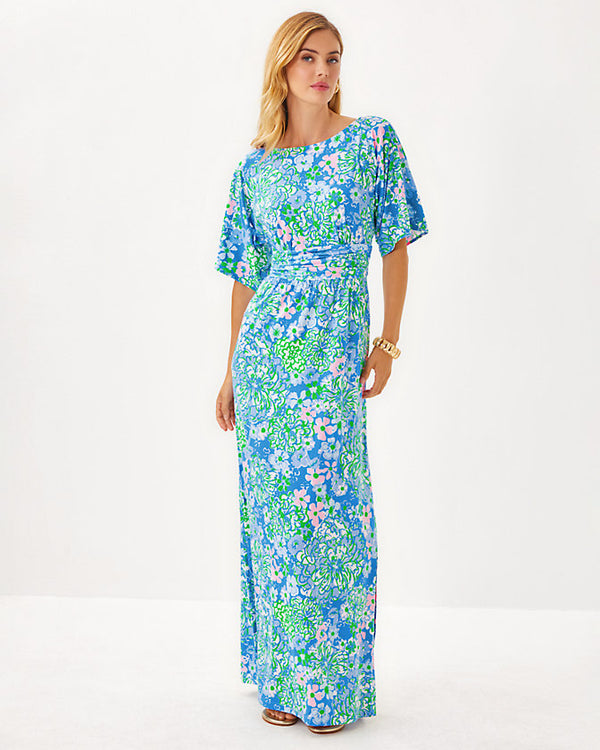 Lilly Pulitzer Parigi Boatneck Maxi Dress Sunwashed Blue Plumes in Bloom