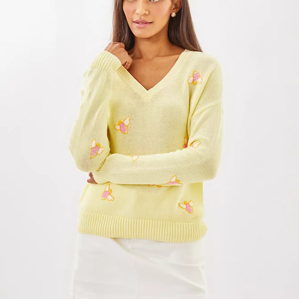 (取寄) リリー ピュリッツァー レディース テンスリー セーター Lilly Pulitzer women Tensley Sweater Heathered Lemon Chiffon Bee Embroidery Lilly Pulitzer Tensley Sweater Heathered Lemon Chiffon Bee