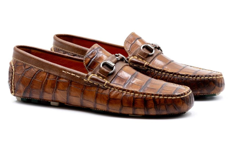 Martin Dingman Monte Carlo Alligator Grain Horse Bit Driving Loafers in Chestnut