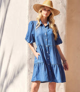 Karen Kane Puff Sleeve Tiered Shirt Dress Chambray