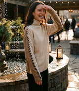 Karen Kane Contrast Stitch Mock Neck Sweater Oatmeal and Camel