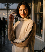Karen Kane Contrast Stitch Mock Neck Sweater Oatmeal and Camel