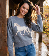 Karen Kane Equestrian Jacquard Crewneck Sweater Gray