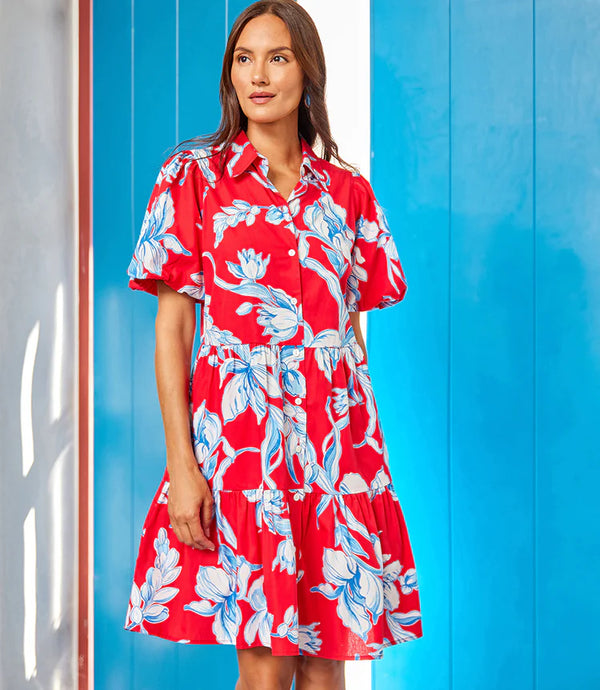 Karen Kane Puff Sleeve Tiered Shirt Dress Cherry