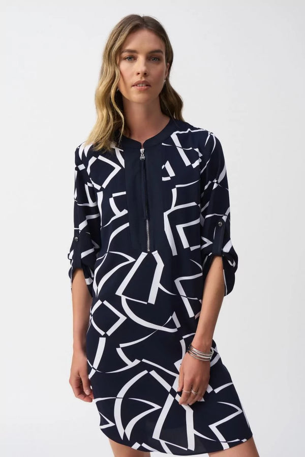 Joseph Ribkoff Woven Geometric Print Dress Style 251143 Midnight Blue/Vanilla