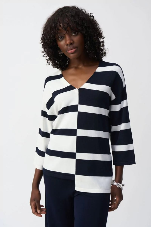 Joseph Ribkoff Striped V-Neck Pullover Style 251914 Midnight Blue/Vanilla