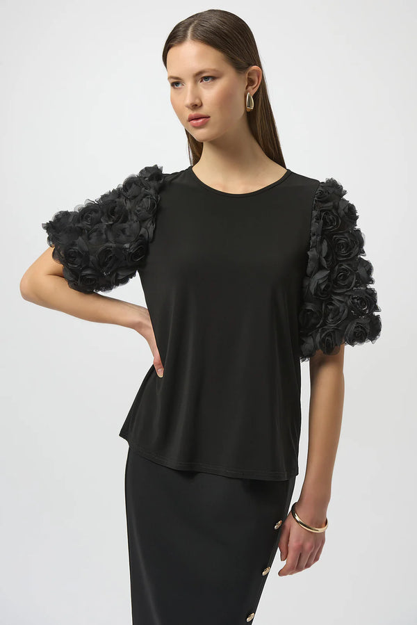 Joseph Ribkoff Top with Rosette Embroidered Sleeves Style 254064 Black