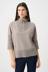 Joseph Ribkoff Ribbed Trim Half-Zip Pullover 263937 Taupe