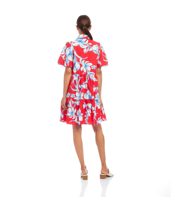 Karen Kane Puff Sleeve Tiered Shirt Dress Cherry