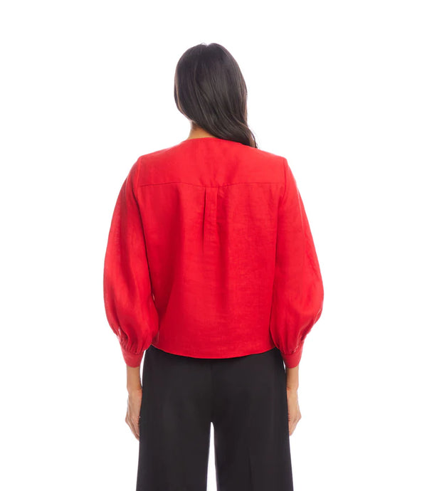 Karen Kane Blouson Sleeve Linen Tie-Front Top Cherry