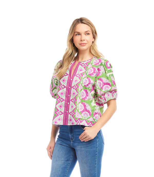 Karen Kane Puff Sleeve Button-Front Shirt Print