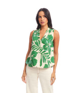 Karen Kane Printed Sleeveless Ruffle Trim Top Green