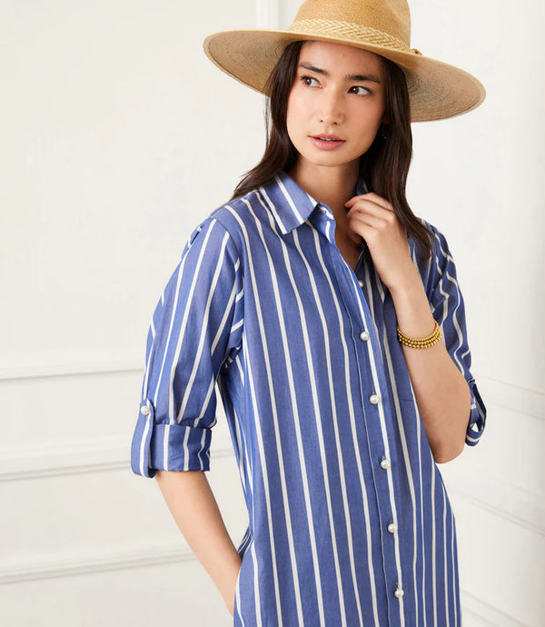 Karen Kane Roll Tab Stripe Shirtdress Blue