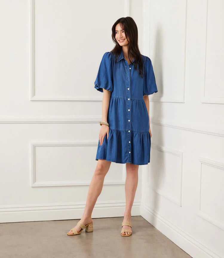 Karen Kane Puff Sleeve Tiered Shirt Dress Chambray