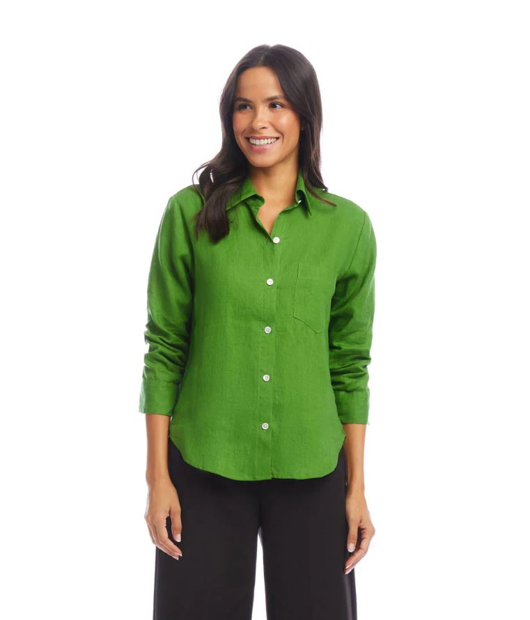 Karen Kane Linen Ruched Sleeve Shirt Green
