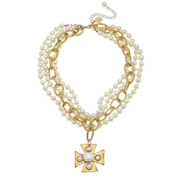 Susan Shaw Maltese Cross Multi-Strand Pearl Necklace