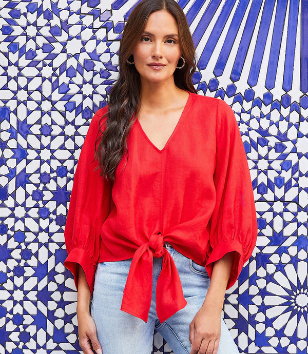 Karen Kane Blouson Sleeve Linen Tie-Front Top Cherry