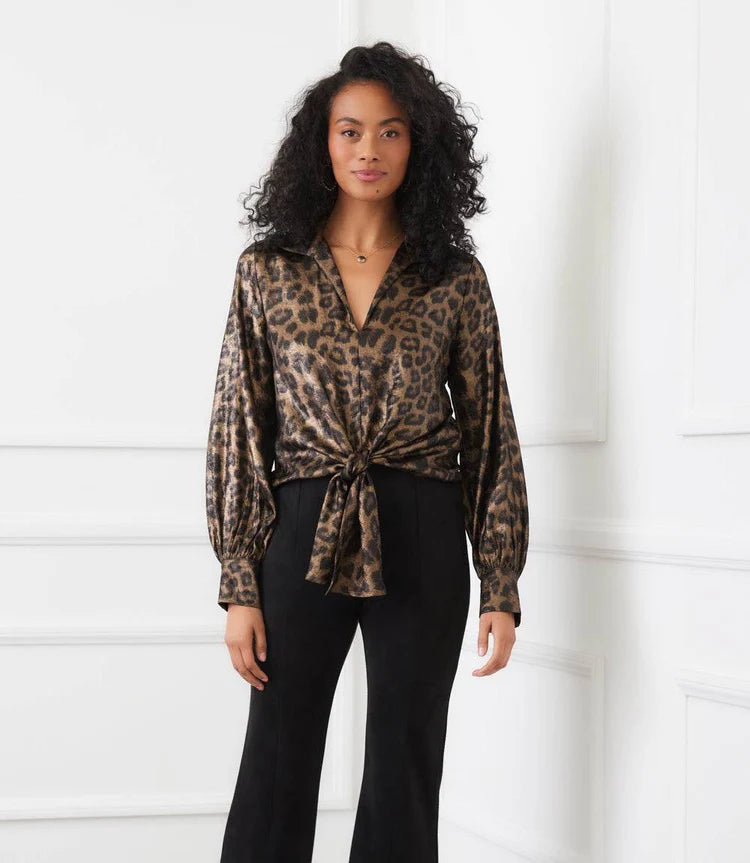 Karen Kane Long Sleeve Tie-Front Top Leopard