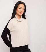 Karen Kane Ribbed Colorblock Turtleneck Sweater Oatmeal with Black