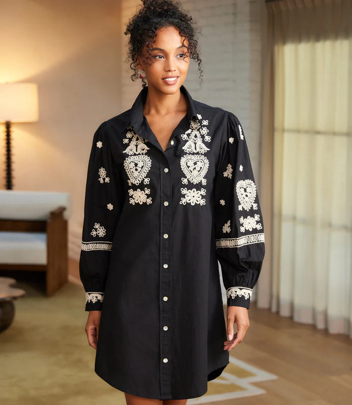 Karen Kane Women's Blouson Sleeve Rope Stitch Shirtdress, Medium, M, Black With Tan, Embroidered, 100% Cotton