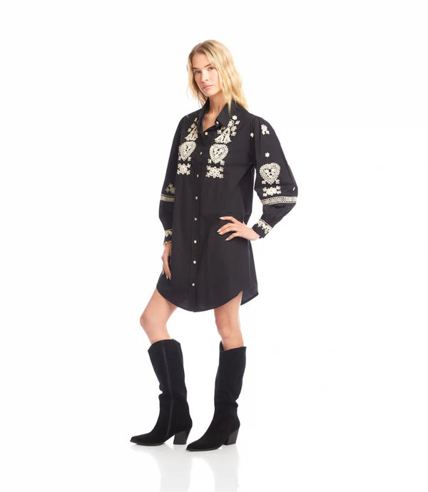 Karen Kane Blouson Sleeve Rope Stitch Shirtdress Black/Tan