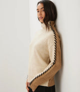 Karen Kane Contrast Stitch Mock Neck Sweater Oatmeal and Camel