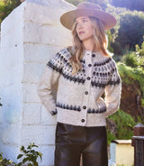 Karen Kane Jacquard Crewneck Cardigan Sweater Oatmeal