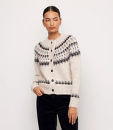 Karen Kane Jacquard Crewneck Cardigan Sweater Oatmeal
