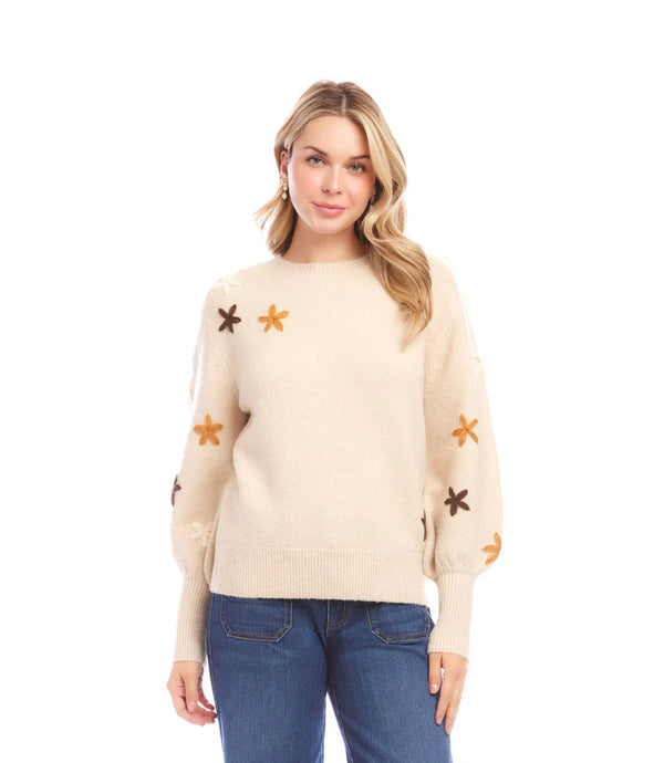 Karen Kane Embroidered Flower Sweater Ecru