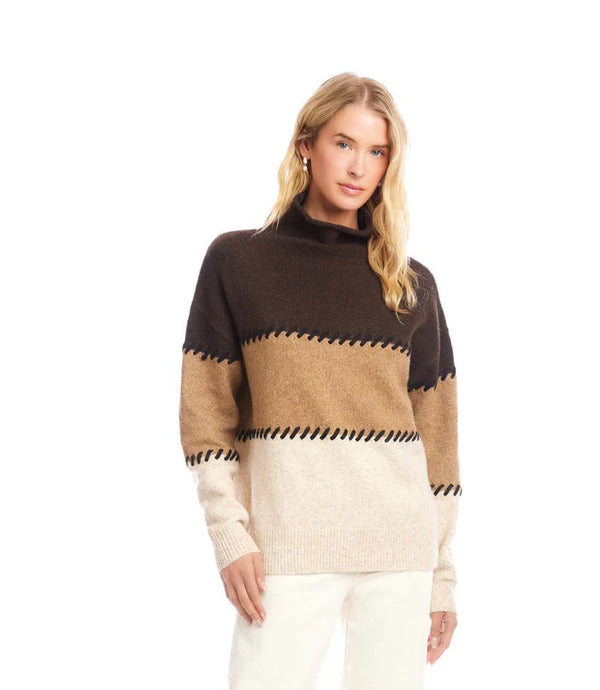 Karen Kane Contrast Stitch Mock Neck Colorblock Sweater Multi