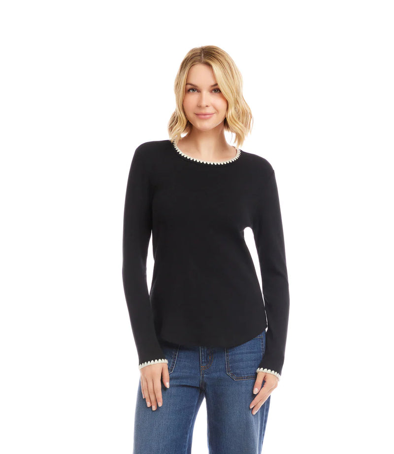 Karen Kane Long Sleeve Edge Stitch Crewneck Top Black/Cream