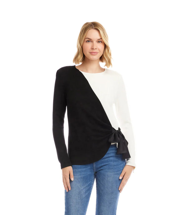 Karen Kane Long Sleeve Colorblock Satin Bow Top Black/Ivory
